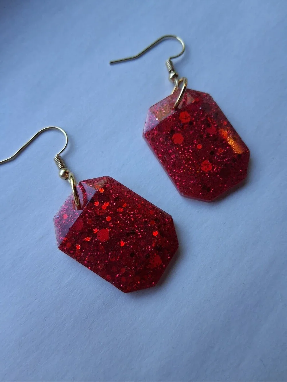 Hand Crafted Red Glitter Resin Dangle Earrings